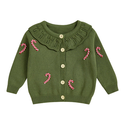 Toddler Girl Christmas Knit Sweater Cardigan Long Sleeve Ruffled Round Neck Button Down Candy Cane Embroidery Sweater