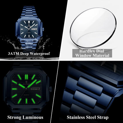 POEDAGAR Top Luxury Brand Men's Watch Waterproof Luminous Date Week Quartz Men's Watches Stainless Steel Fashion Square Men's Watch