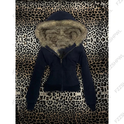 Fashionable winter women's set Y2K striped pattern fur patchwork hooded sweatshirt Gothic hip-hop long pants Punk zipper coat