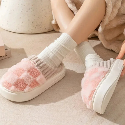 Fashion Couple Winter Toe Wrap Warm Plaid Plush Slippers Men Women Thick Soft Sole Slides Indoor Floor Flat Home Non-slip Shoes