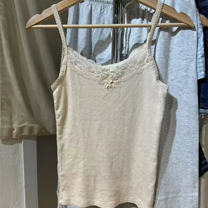 Sweet Solid Lace Trim Y2k Crop Top Casual White Ribbed Cotton Sleeveless Summer Camis Women Vintage Cute Slim Tank Tops 2023