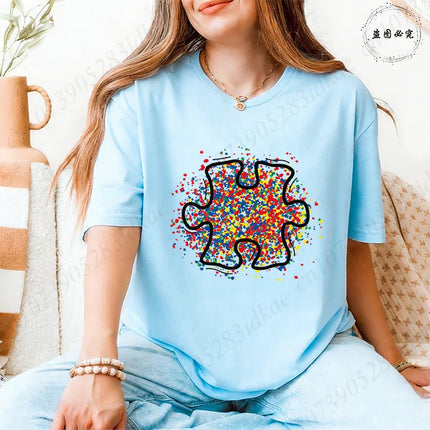 2026 Trendy Women's Autism Awareness T-shirts Creative Colorful Splatter Puzzle Graphic Female Clothing Short Sleeve Casual Tees