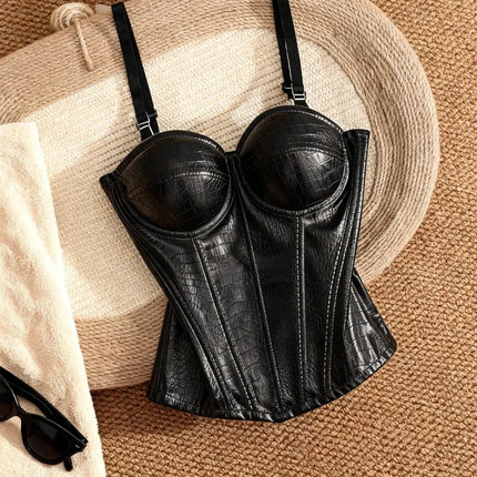 PU Leather Fishbone Strapless Bralette Tank Top Women's Sexy Slim Fit Summer Innerwear Outerwear Waist Cinching Bandeau
