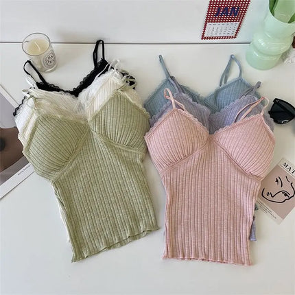 Pure Desire Lace Trim Camisole Tank Top with Chest Pad Summer Slimming Inner Wear Outerwear Beautiful Ba Boting Underwear
