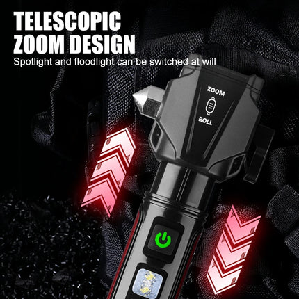 Tactica LED Flashlight w/ Safety Hammer & Seatbelt Cutter, SOS Red Strobe,Rechargeable Survival Gear for Outdoor EDC Defense
