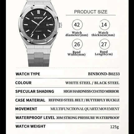 BINBOND Men's Watch Top Brand Royal Casual Men Big Dial Silver Stainless Steel Calendar Quartz Wristwatch Classic Luminous B0233