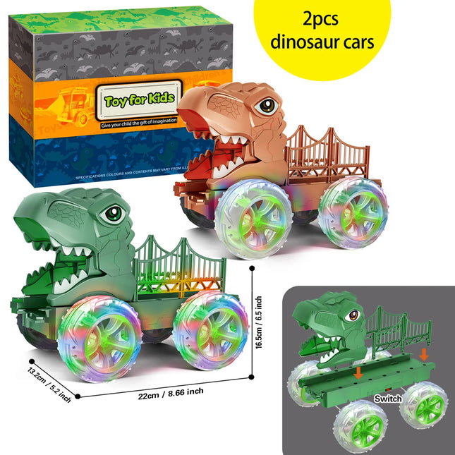 (2pack) LED Light Dinosaur Car Toy, Dino Monster Truck with Colorful Glowing Wheels, Interactive Play Vehicle Gift for Children