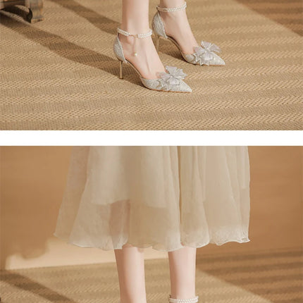 Spring Pointed Toe Party Wedding Shoes for Women, Bride Bow Thick Heel Silver Sequin Fairy Lolita Style Single Shoes