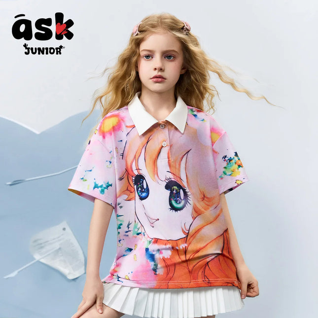 Children's Short-sleeved Summer Girls' Contrasting Colors and Girls' Pattern Printed Short-sleeved Polo Shirt