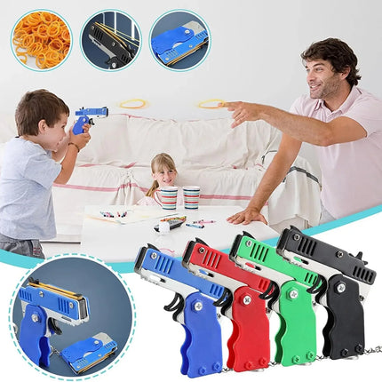 Kids Cool Mini Folding Rubber Launcher Toy with 60 Rubber Bands, Portable Toy for Outdoor Activities,  Keychain Gift