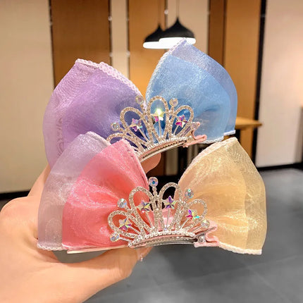 Pastel Rainbow Hair Bows Gradient Color Princess Crown Hair Clips Standing Bowknot Hairpin Kids Barrette Korean Hair Accessories