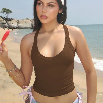 Hugcitar 2025 Summer Ribbed Halter Backless Solid Sexy Crop Tank Top Casual Y2K Women Clothes Beach Vacation Streetwear Yoga