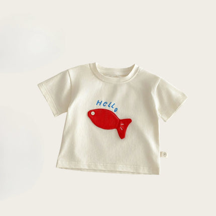 2026 New Summer Kids Clothes Cute Cartoon Patch Short Sleeve T-shirt 0-5Y Girls Boys Letter Print Casual Soft Undershirt