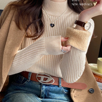 Women's Turtleneck Sweater Winter 2025 Retro with Velvet Lining Thickened Inner Wear Thermal Knitting Bottoming Shirt Pullovers