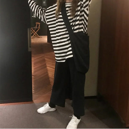 2026 New Arrival Stylish Fashionable Black-and-White Striped Back-to-School Oversized Crew Neck Long-Sleeve T-Shirt