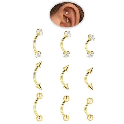 1-9PCS Golden Eyebrow Stud Rings Piercing Jewelry Rook Surgical Steel Silvery CZ Tiny Labret Lip Navel Belly Helix Tragus 16G