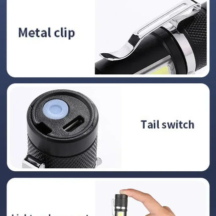 2Pack Mini LED Flashlight COB+XPE Portable Torch USB Charging Camping Lantern Zoomable Light Keychain Flashlight with Pen Clip