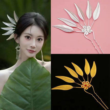 New Golden Alloy Leaf Crystal Flower Hairpin Hair Accessories for Women Thailand Ethnic Dance Party Decoration Headwear Jewelry
