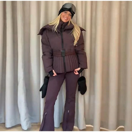 Women Peplum Ski Jackets Hooded Stand Collar Belt Waist Zipper Solid Puffer Jacket Fashion Sheath Warm Sport Winter 2025 Skiwear
