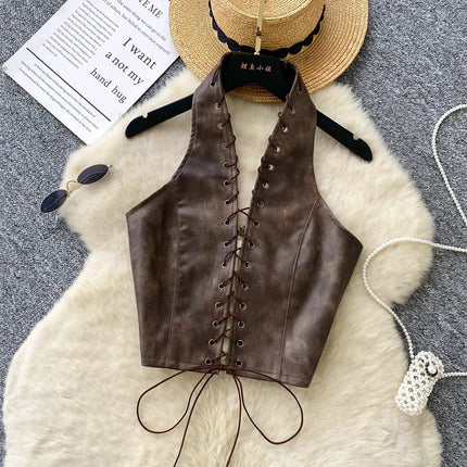 New Sexy Crop Top Inside Women Black PU Leather Rope Strap Hollow Out Punk Style Tank Tops Vest Fashion Backless Club Party Wear