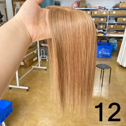 12 Inch 30cm Brazilian Human Hair Topper with 7x11 Swiss Lace Base Invisible Scalp Clip on Natural Blend for Thin Crown Hair
