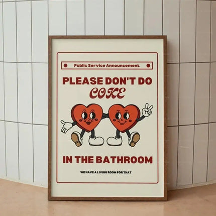 Retro Please Don't Do Coke In The Bathroom Beige Groovy Animated Hearts Wall Art Canvas Painting Posters Living Room Home Decor