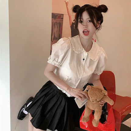 White Doll Collar Bubble Sleeve Shirt Women's Summer 2025 New Design Sweet Short Style Top Polyester Fabric Pure Color Fresh...