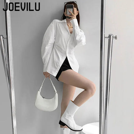 JOEVILU White Shirt Women’s Waist-defining Blouse Slim Fit Long Sleeve Tops Figure-hugging Office Shirts Korean Style Clothes