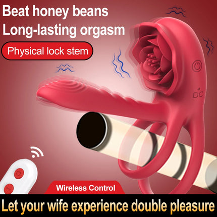 Remote Control Vibrating Cock Ring Penis Sleeve with Rose Clitoral Stimulator Penis Ring Vibrator Adult Sex Toys for Men Women