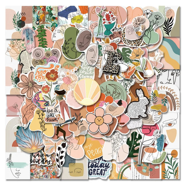 50/100pcs Retro Boho Stickers Vintage Art Bohemia Cartoon Vinyl Decals for Phone Laptop Notebook Scrapbooking Morandi Décor Toy