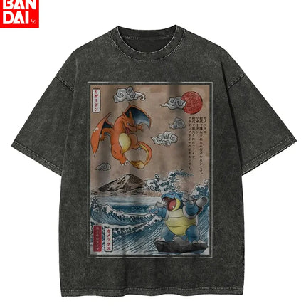 Pokemon The Starters Abbey Road Parody T Shirt Men 2026 Summer Vintage Acid Wash Oversized Tee Anime Streetwear