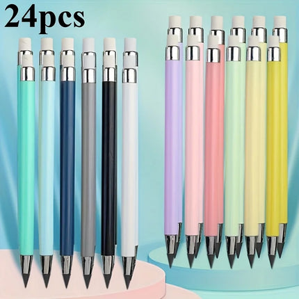 24pcs Round Everlasting Pencils No Sharpening Breakage Anti-Loose Lead with Eraser HB Inkless Art Drawing Stationery Special Pen