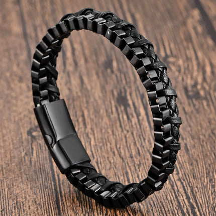 Classic Stainless Steel Leather Bracelet For Mens Chain Wristband Business Charm Jewelry Accessories for Dad Boyfriend