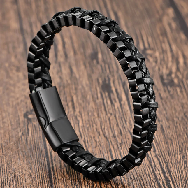Classic Stainless Steel Leather Bracelet For Mens Chain Wristband Business Charm Jewelry Accessories for Dad Boyfriend