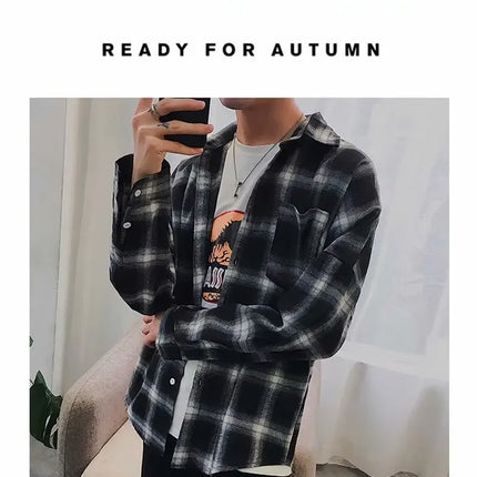 Casual Plaid Long Sleeve Men's Shirt Autumn Korean Style Loose Fashionable Outerwear Couple's Casual Shirt Comfortable Fit