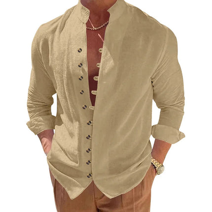 Men's Cotton Linen Shirt Men's Casual Loose Fit Long Sleeve Vintage Retro Button Down Shirt Hawaiian Beach Shirt