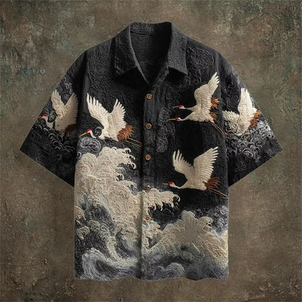 New dark green embossed dark pattern fabric with flying crane and wave printing for men's casual short sleeved shirt