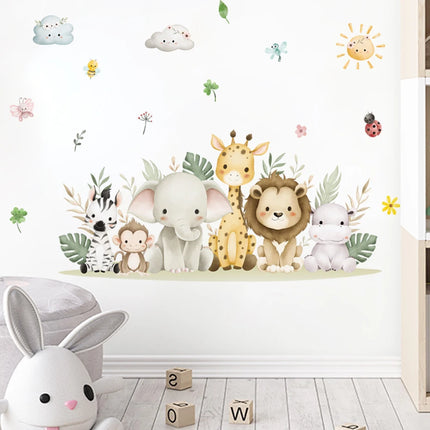 Cartoon Cute Africa Animals Leaves Wall Stickers Watercolor Elephant Giraffe Monkey Kids Room Kindergarten Home Decoration