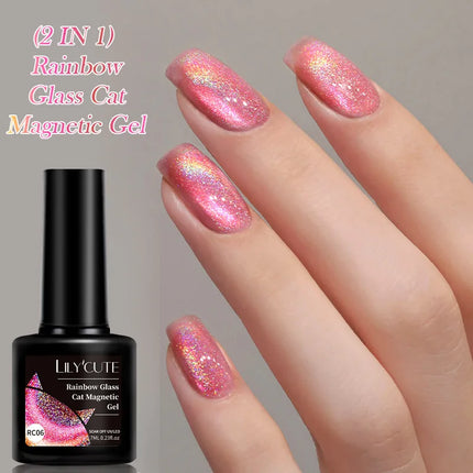 LILY’CUTE 7ml Ultra Shine Cat Eye Nail Polish Rainbow Laser Dual Beam Crystal Nail Gel Varnishes Soak Off Semi Permanent UV Gel