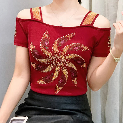 New Summer European Clothes Women's T-Shirts Luxury Butterfly Hot Diamonds Tees Sexy Streetwear Off-Shoulder Tops Shirt
