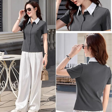 Korean striped short sleeved T-shirt for women's summer new high-end cotton patchwork lapel shirt, polo shirt, casual top