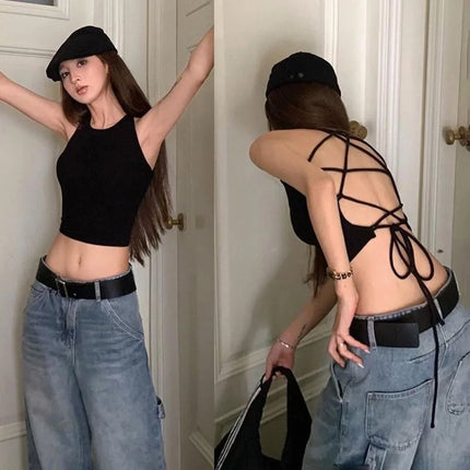 Y2K Women's Tops Backless Crop Top Sleeveless Sexy Cute Black Vest Tank Top Summer Cropped Vest Female 2000s Clothing