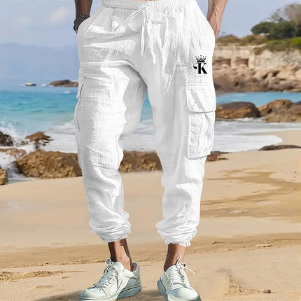 Men's Cotton Linen Blend Cargo Jogger Pants, Elastic Waist Drawstring Trousers with Side Pockets for Summer Casual Daily Outdoor