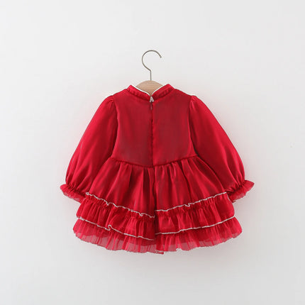 Girls' Autumn Long sleeved Lace Lace Princess Dress with Embroidered Pan Button Chinese Style Baby Dress
