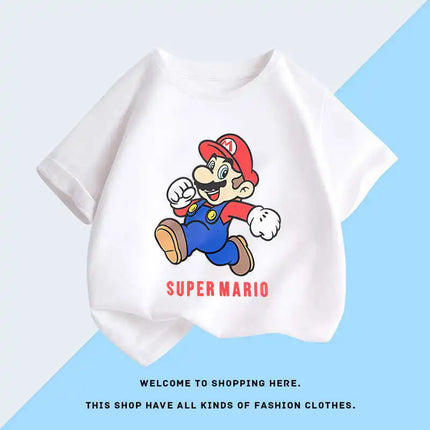 Summer new Super Mario cartoon children's cotton short-sleeve T-shirt, cartoon game trendy boys' casual short-sleeve top.