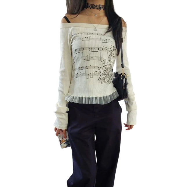 Y2K Aesthetic Fairy Off Shoulder Tops Women Long Sleeve Music Note Print Slim Fitted T-Shirt Ruffle Blouse Clothes