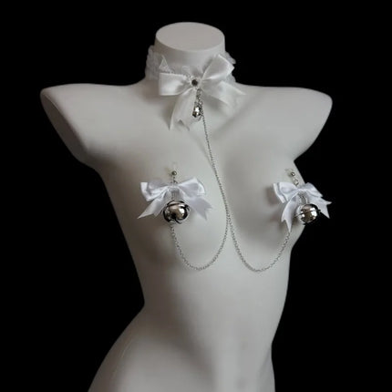 Bow-Tie Bell Nipple Clamps Available in Black and White BDSM Bondage Breast Restraint Sexy Accessories Fetish Adult Sex Toys