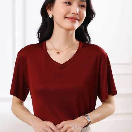2026 Summer New Women's T-shirt V-neck Knitted Women's Short Sleeve High end Acetate Fiber White Fashion Women's Top