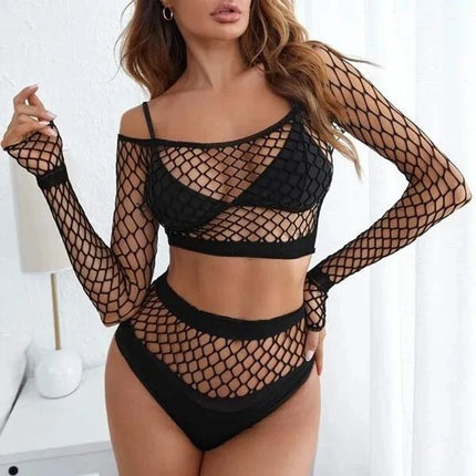 Sexy Pure Desire Underwear Women's Thin Transparent Temptation Mesh Clothes Hollow Mesh Top Shorts Romantic Three Point Set
