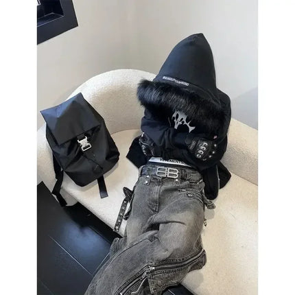 2026 New Unisex Y2K Street Hip Hop Black Hoodie Detachable Fur Collar Stitching Windproof Warm Couple Streetwear Coat